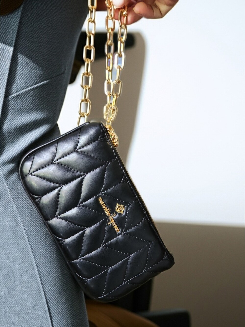 Nanette Lepore Black Quilted Clutch With Gold Chain